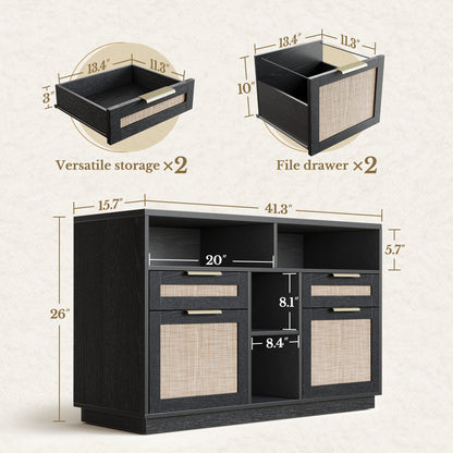 70" Desk + 6 Tier Corner Bookshelf / Rattan - Black