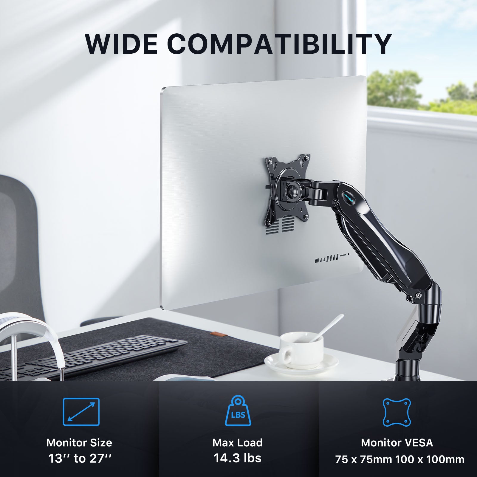 HUANUO HNSS6 monitor mount displaying wide compatibility for 13" to 27" screens.