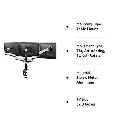 HUANUO Triple Monitor Stand specs: table mount, articulating arms, silver metal finish.
