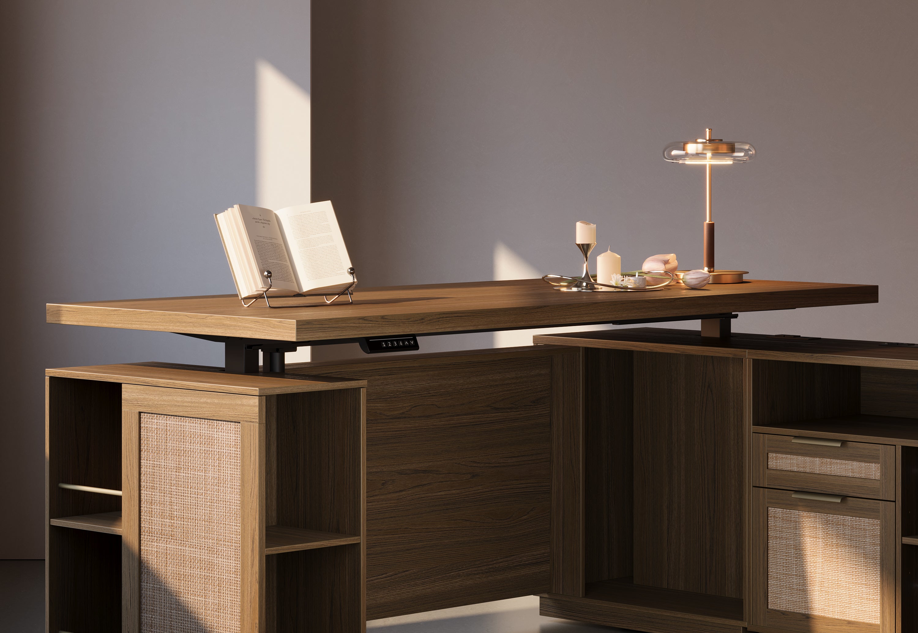 70" Desk + 6 Tier Corner Bookshelf / Rattan - Light Walnut