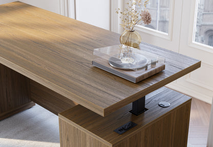 70" Desk + 60" Wide Bookshelf / Rattan - Light Walnut