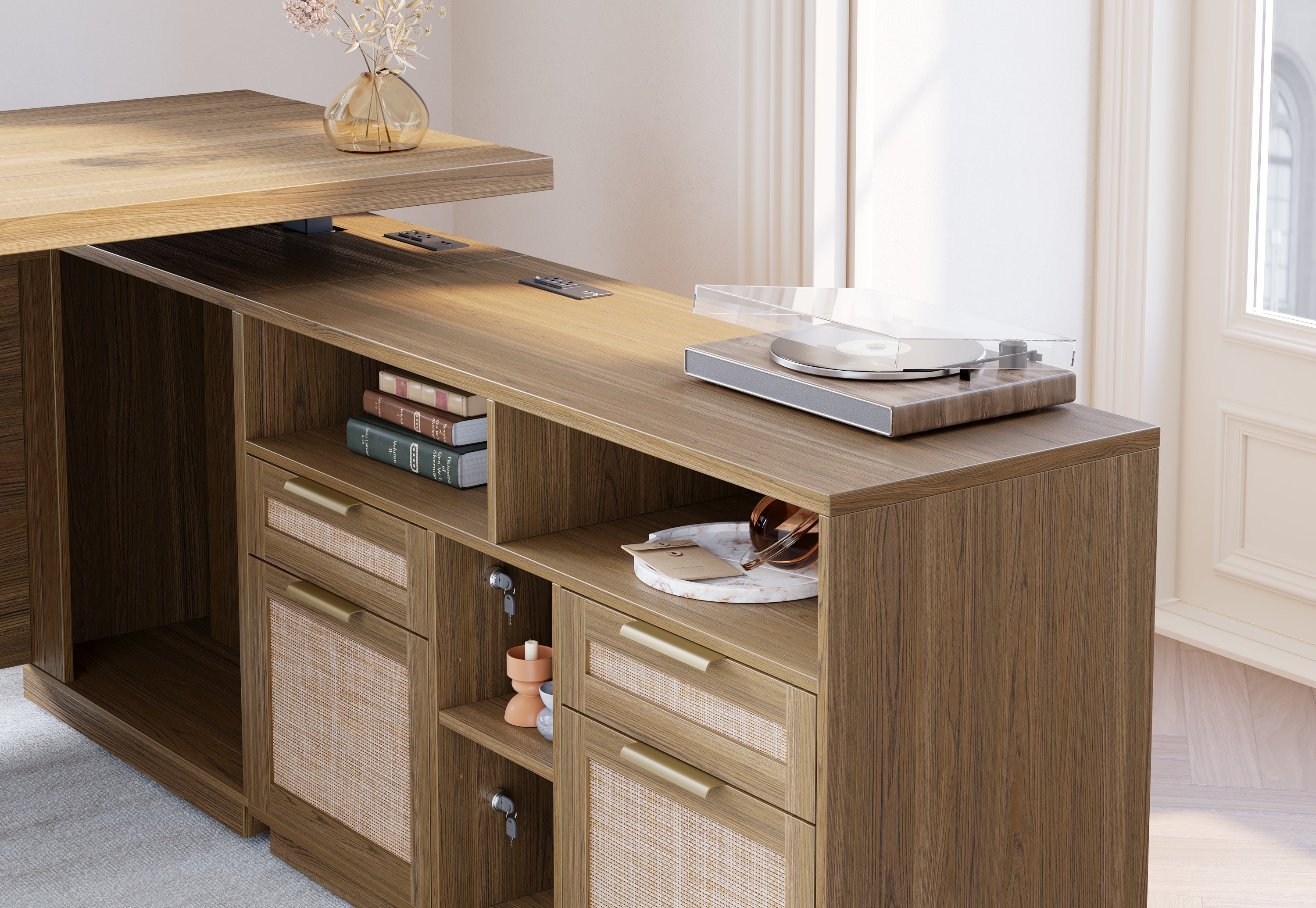 70" Desk + 6 Tier Corner Bookshelf / Rattan - Light Walnut