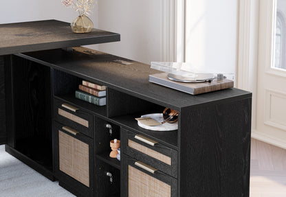 70" Desk + 6 Tier Corner Bookshelf / Rattan - Black