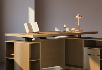 70" Desk with 4 Drawer Wood File Cabinet + 60" Wide Bookshelf / Fluted - Natural Oak