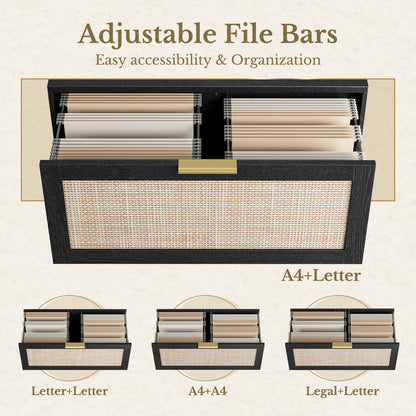 63" Desk + 2 Drawer Wood File Cabinet / Rattan - Black