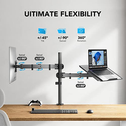 HUANUO HNCM2 dual monitor and laptop mount with adjustable arms and cable management.