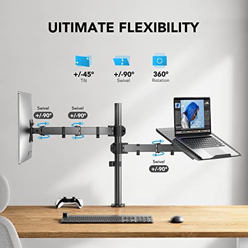 HUANUO HNCM2 dual monitor and laptop mount with adjustable arms and cable management.