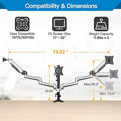 HUANUO Triple Monitor Stand dimensions and compatibility details for screens 17-32 inches.