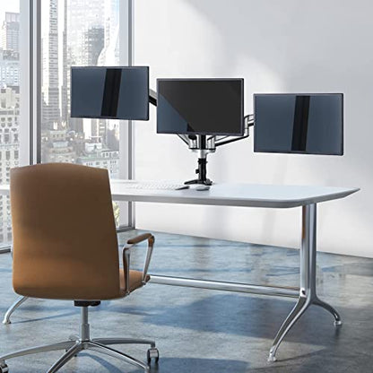 HUANUO Triple Monitor Stand with three 17-32 inch monitors in an ergonomic office.
