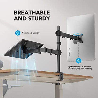 HUANUO HNCM2 ventilated laptop tray and sturdy monitor arm setup.