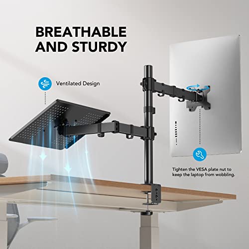 HUANUO HNCM2 ventilated laptop tray and sturdy monitor arm setup.