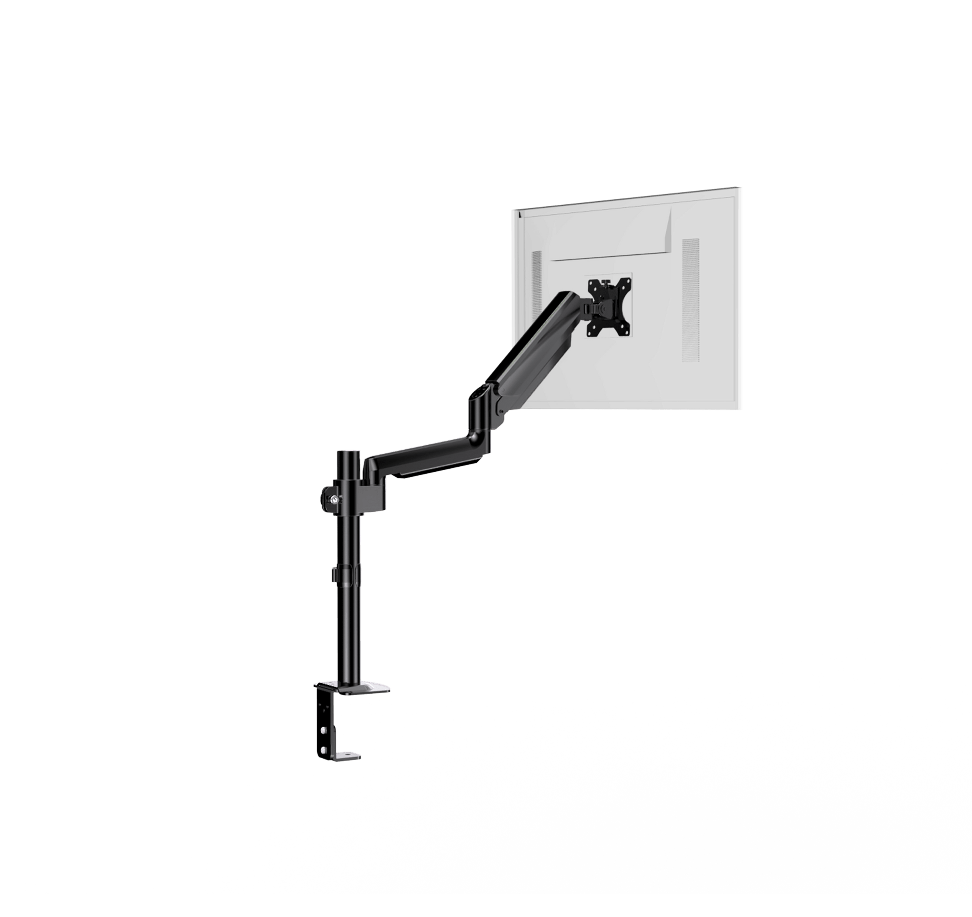 HUANUO single monitor mount with C-clamp installation showing full motion adjustment.