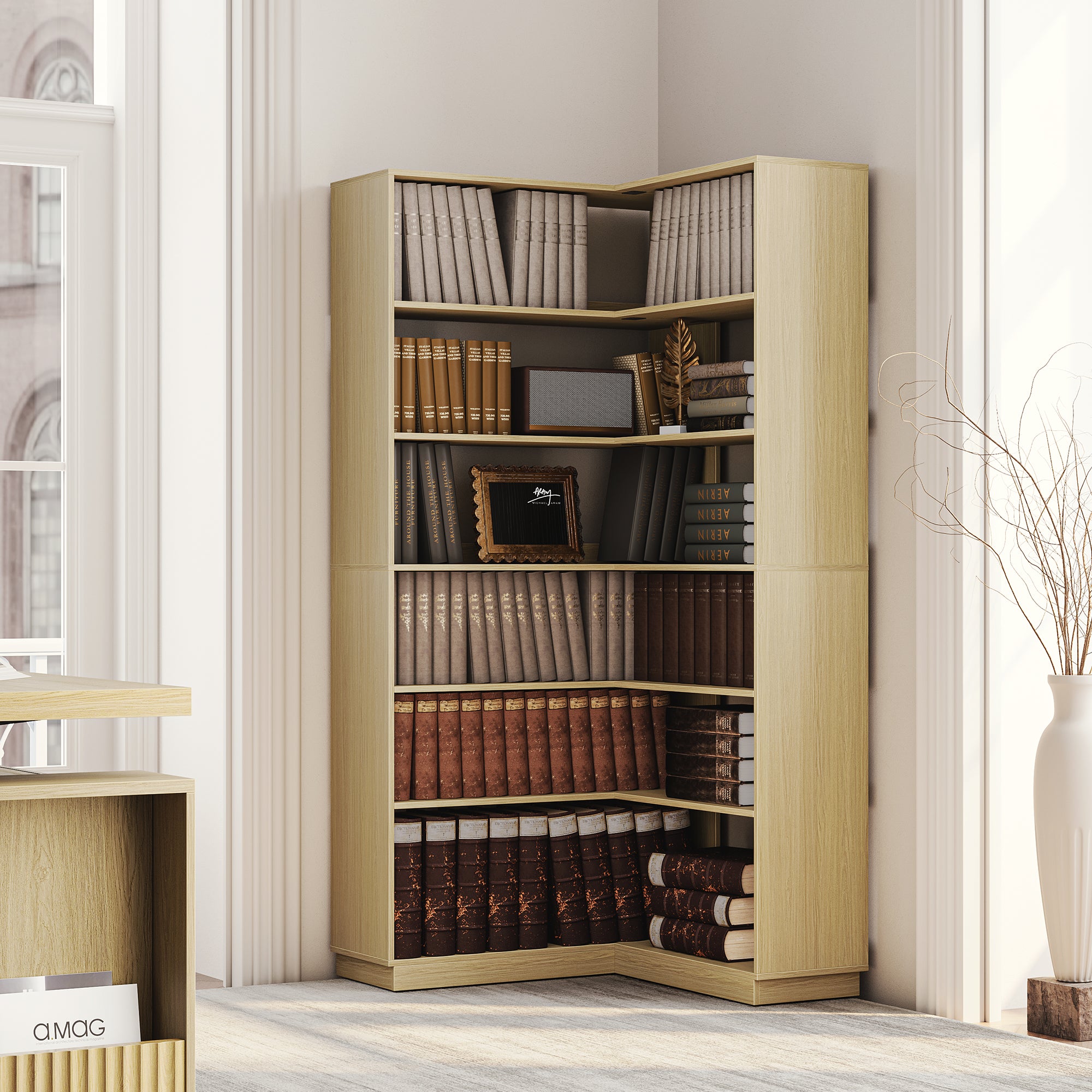 73" 6-Tier Adjustable Corner Bookshelf