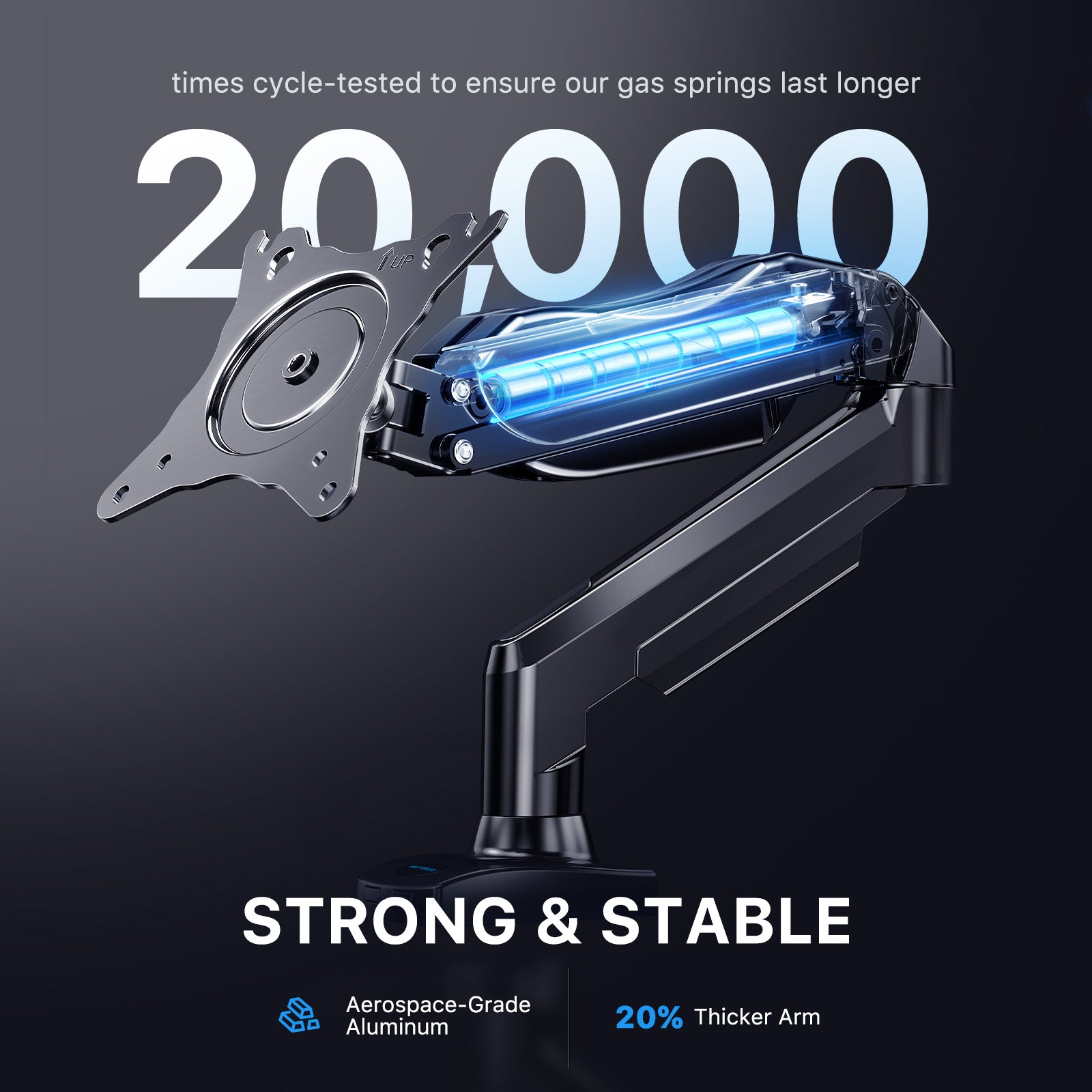 HUANUO monitor mount with 20,000 cycle gas spring for strength and stability