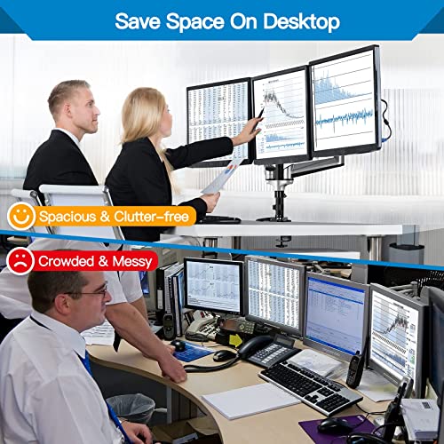 HUANUO Triple Monitor Stand comparison: organized workspace vs. cluttered desk