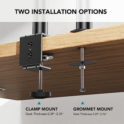 HUANUO HNCM2 mount options: clamp and grommet installation details for desk thickness.
