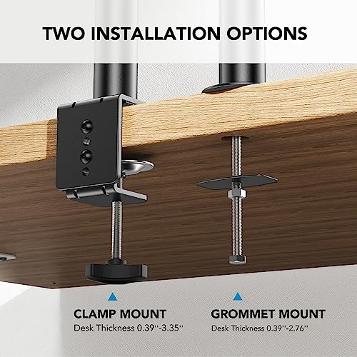 HUANUO HNCM2 mount options: clamp and grommet installation details for desk thickness.