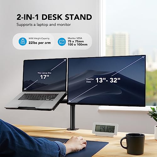 HUANUO HNCM2 desk stand with dual monitors and a 17" laptop tray in workspace.