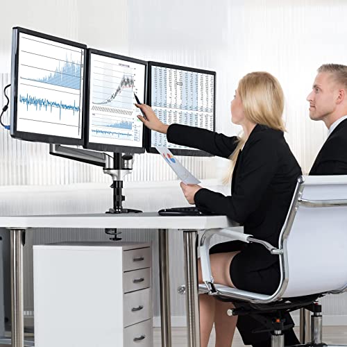Professionals analyzing data on three monitors using HUANUO Triple Monitor Stand