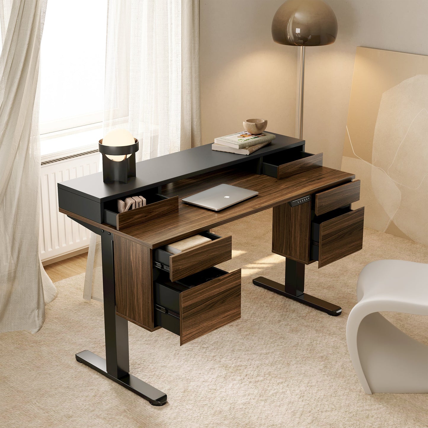 55" All - in - One Standing Desk Integrated 2 File Cabinet - Dark Walnut