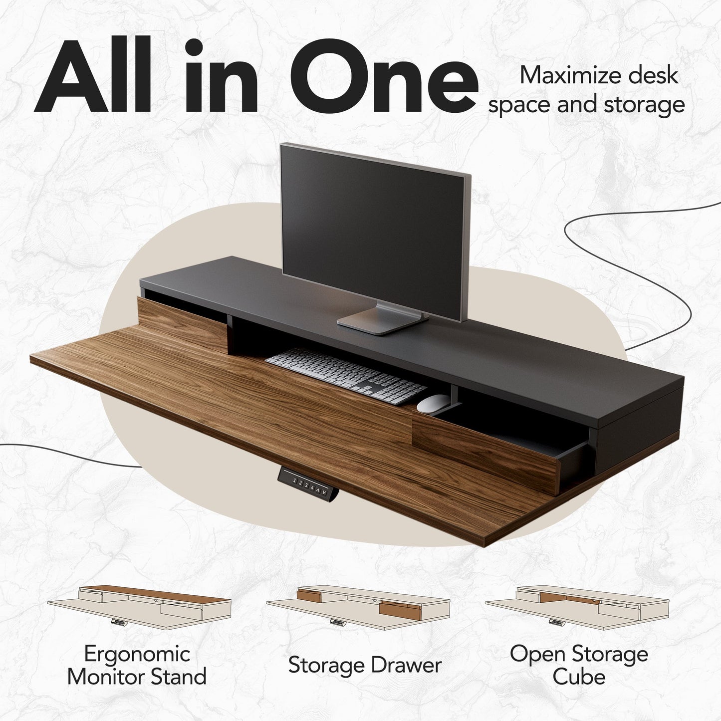 55" All - in - One Standing Desk Integrated 2 File Cabinet - Light Walnut