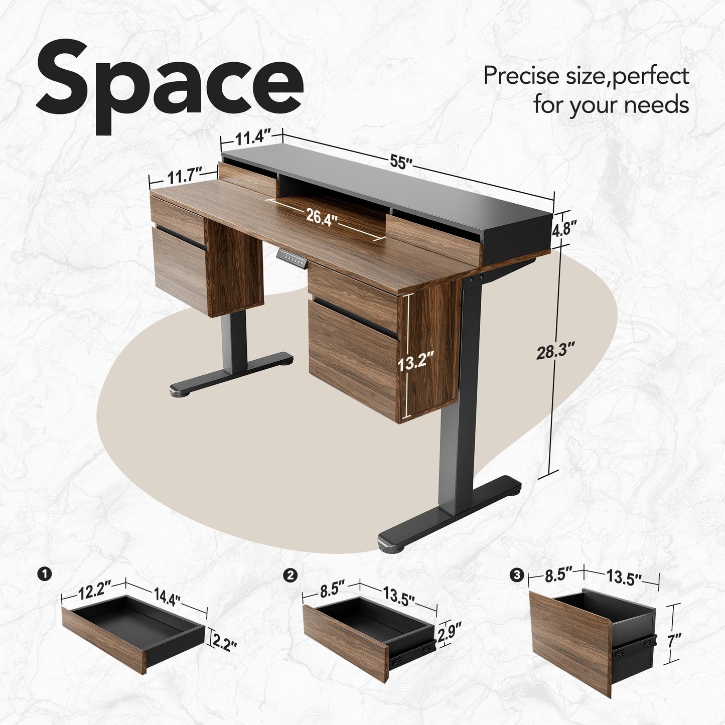 55" All - in - One Standing Desk Integrated 2 File Cabinet - Light Walnut
