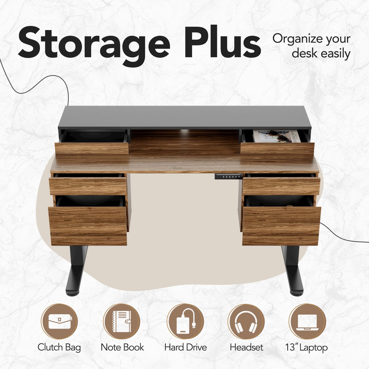 55" All - in - One Standing Desk Integrated 2 File Cabinet - Light Walnut