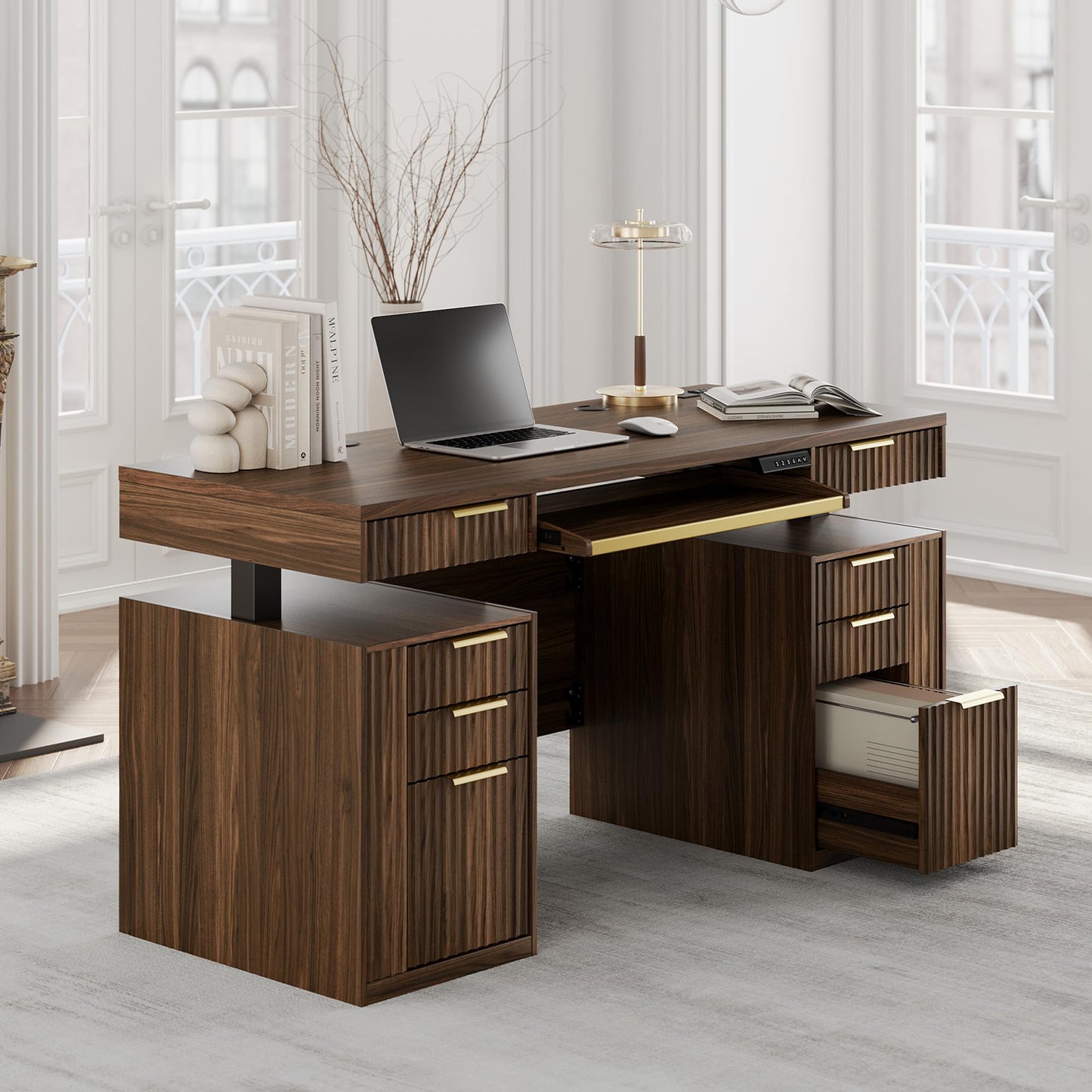 59" Premium Henge Standing Desk - Fluted - Dark Walnut