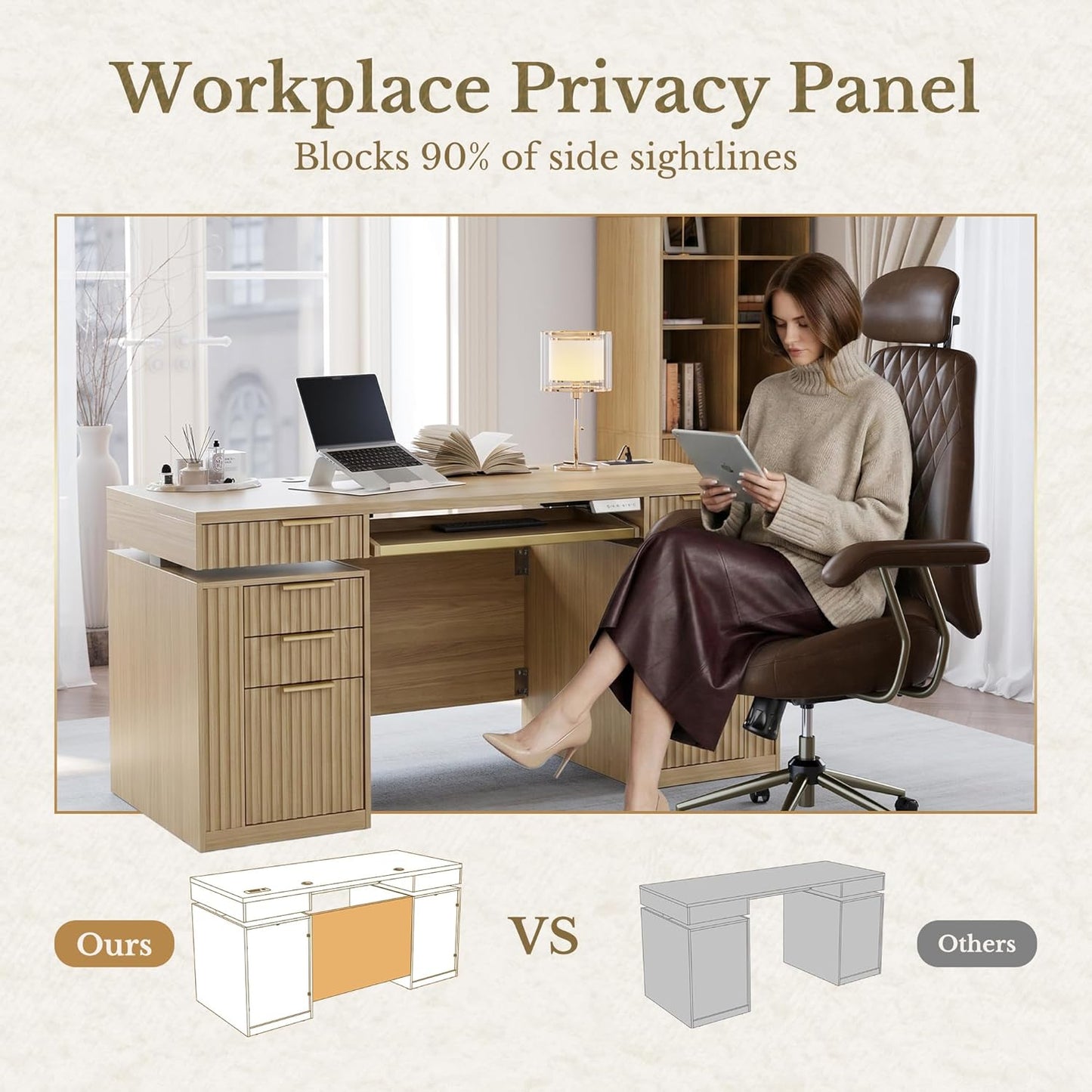 59" Premium Henge Standing Desk - Fluted - Natural Oak