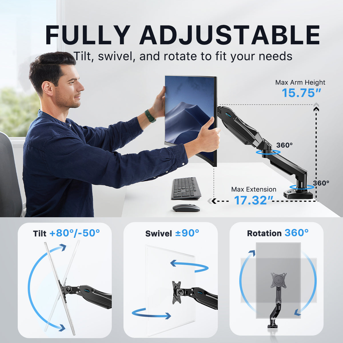 Man adjusting HUANUO monitor mount showcasing flexible arm adjustments