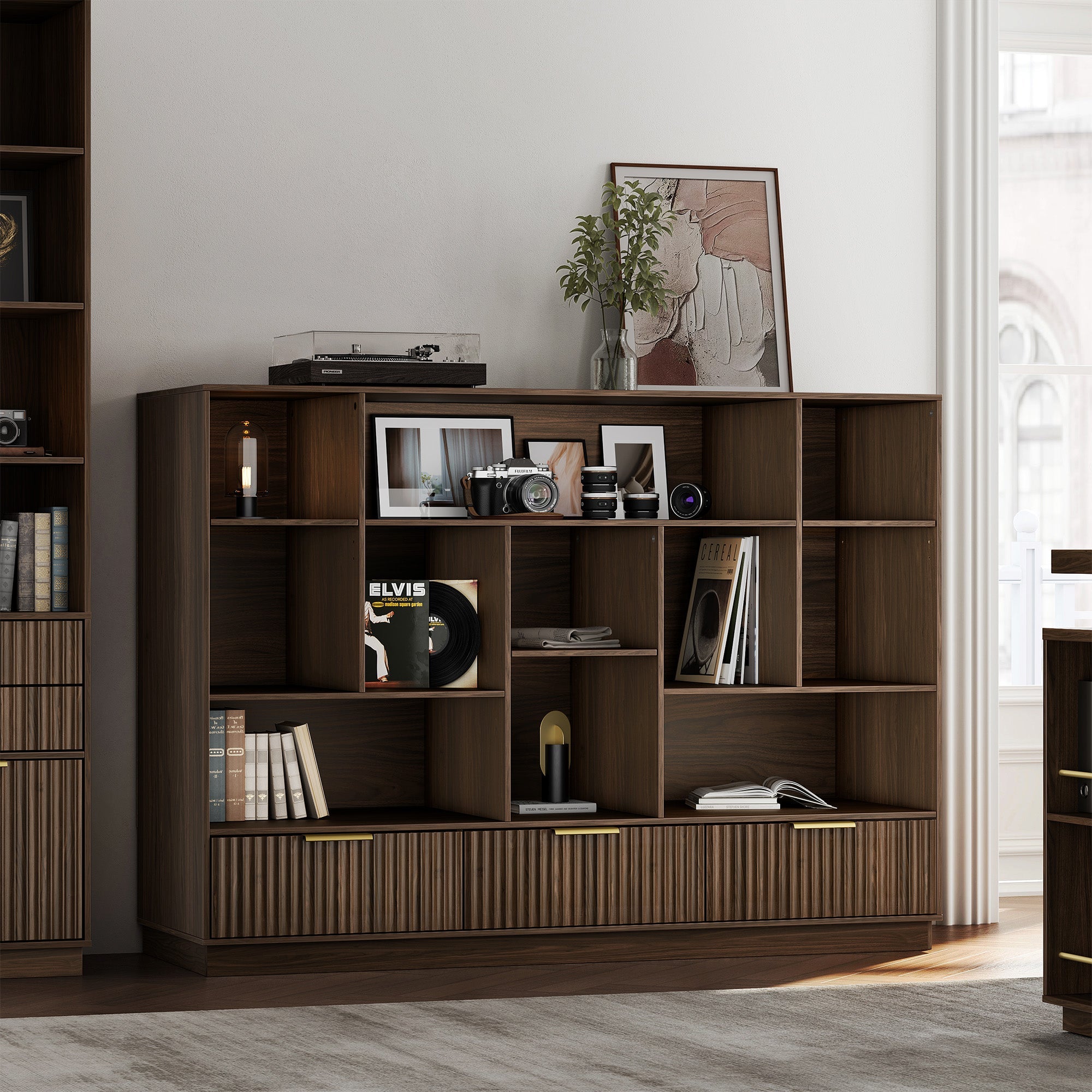 60" Wide Bookshelf with Storage Cabinet - Fluted – Dark Walnut