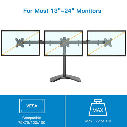 Triple monitor stand compatible with 13" to 24" screens, VESA 75x75 and 100x100.
