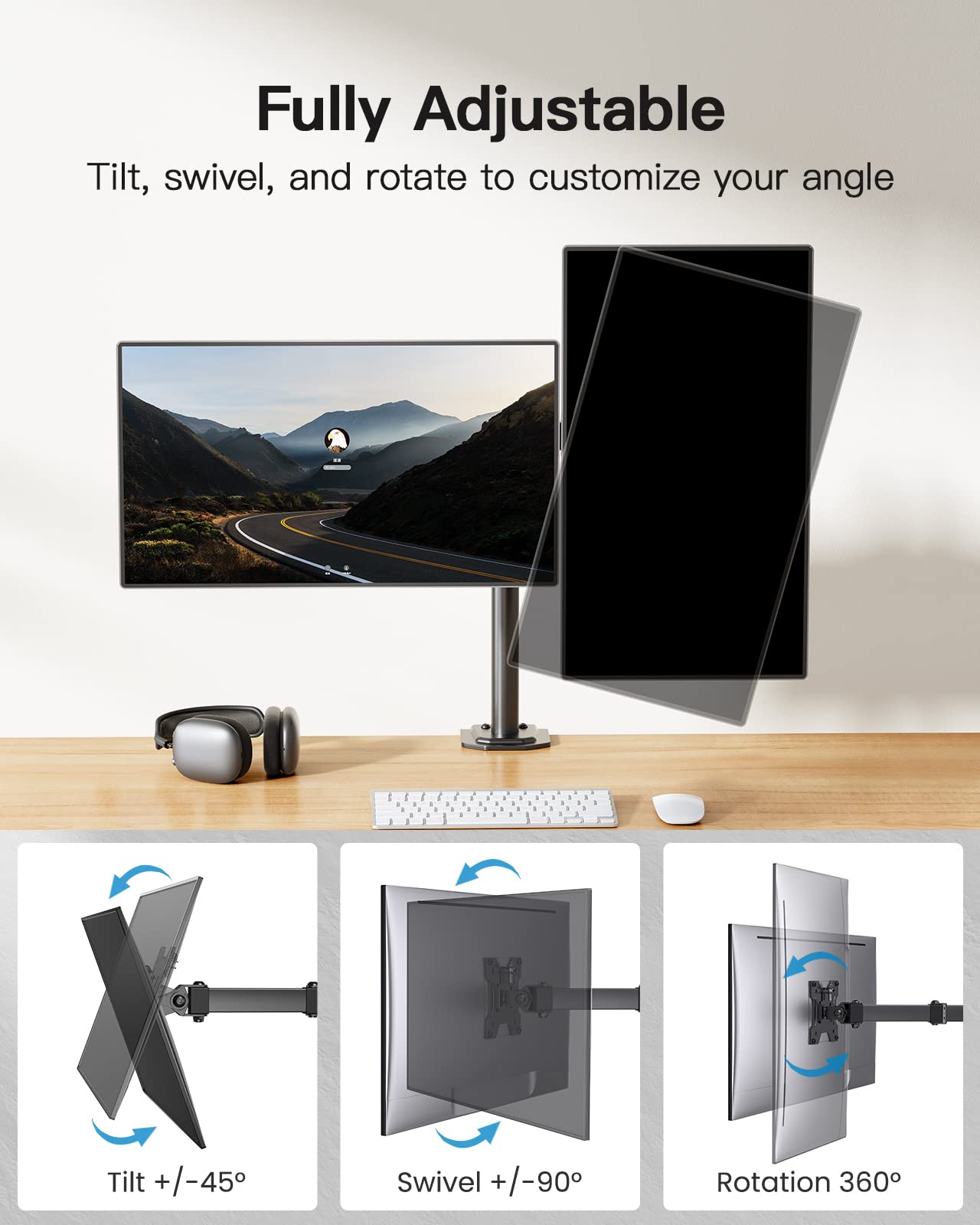 Dual monitor mount showcasing tilt, swivel, and rotation features for optimal ergonomics.
