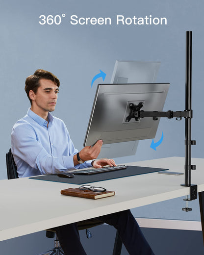 Man adjusting a monitor's 360° rotation on an ergonomic mount.