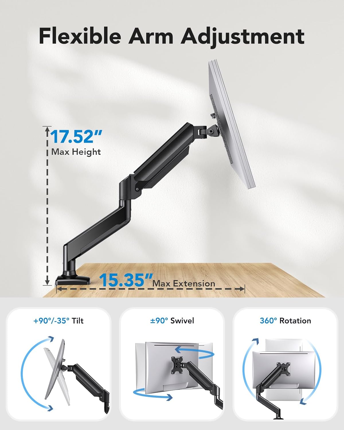 Single monitor mount arm showing tilt, swivel, and rotation features for ergonomic setup