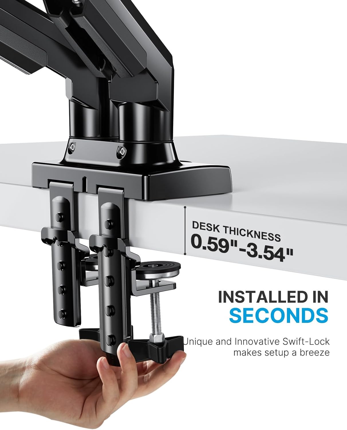 HUANUO dual monitor mount clamped to desk with installation instructions