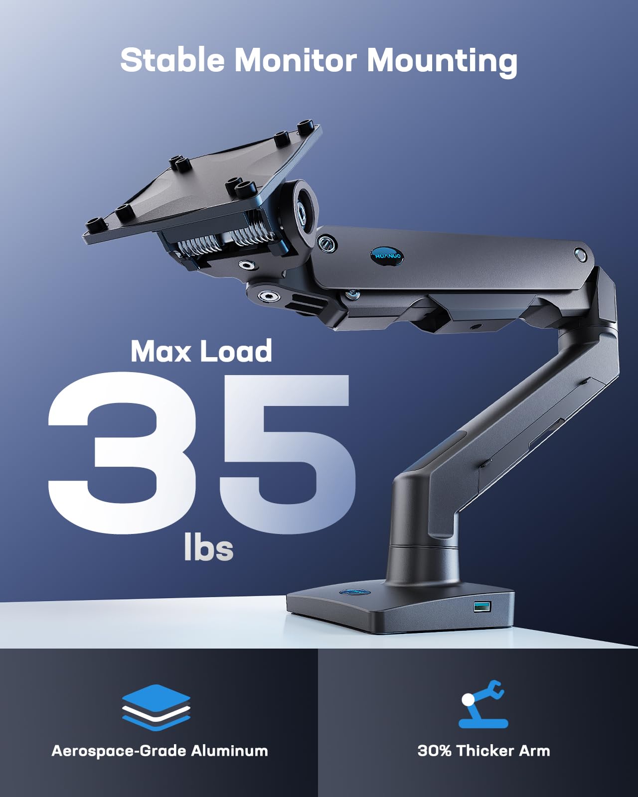 HUANUO single monitor mount supporting up to 35 lbs with aerospace-grade aluminum.