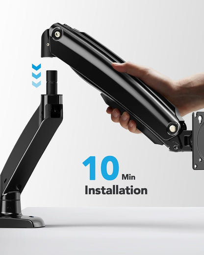 Hand installing HUANUO monitor mount with 10-minute installation guide.