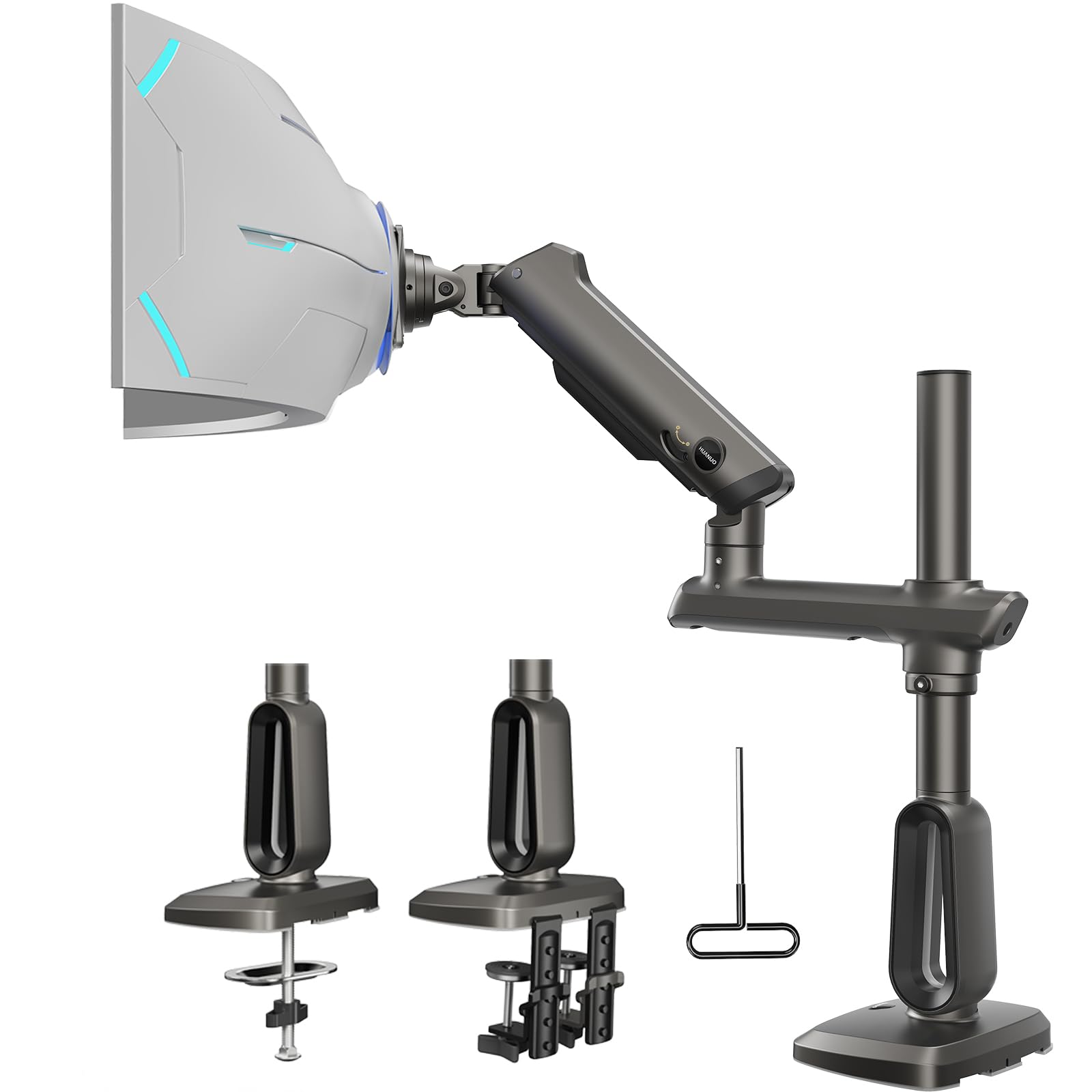 HUANUO RGB Heavy Duty Monitor Arm for Ultrawide Screens up to 57", Holds 44 lbs, Tall Ultrawide Monitor Stand with 29.1" Max Height, Fully Adjustable Single Computer Desk Mount, Max VESA 100x100mm