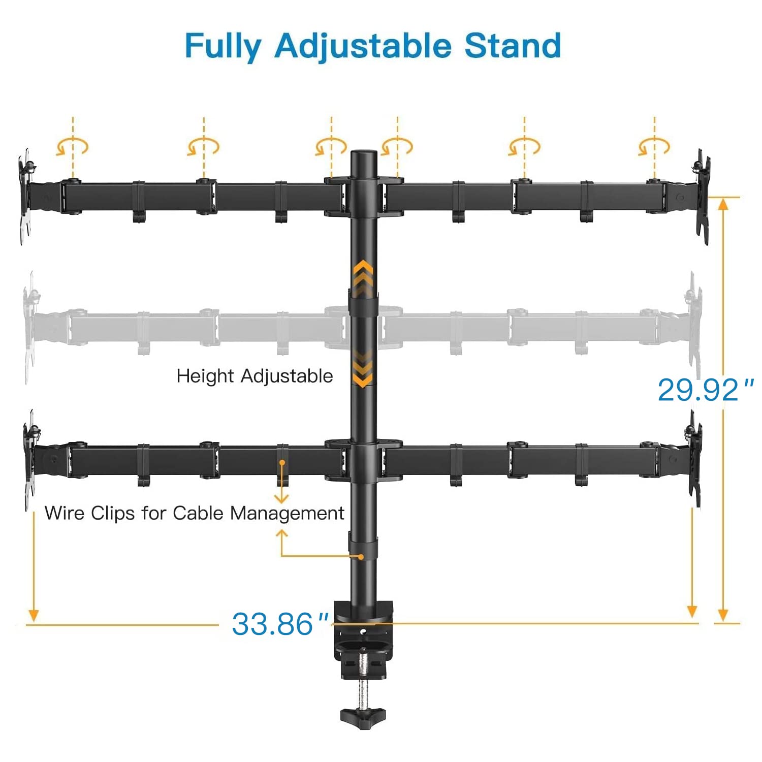Quad monitor stand diagram highlighting adjustable height and cable management features.