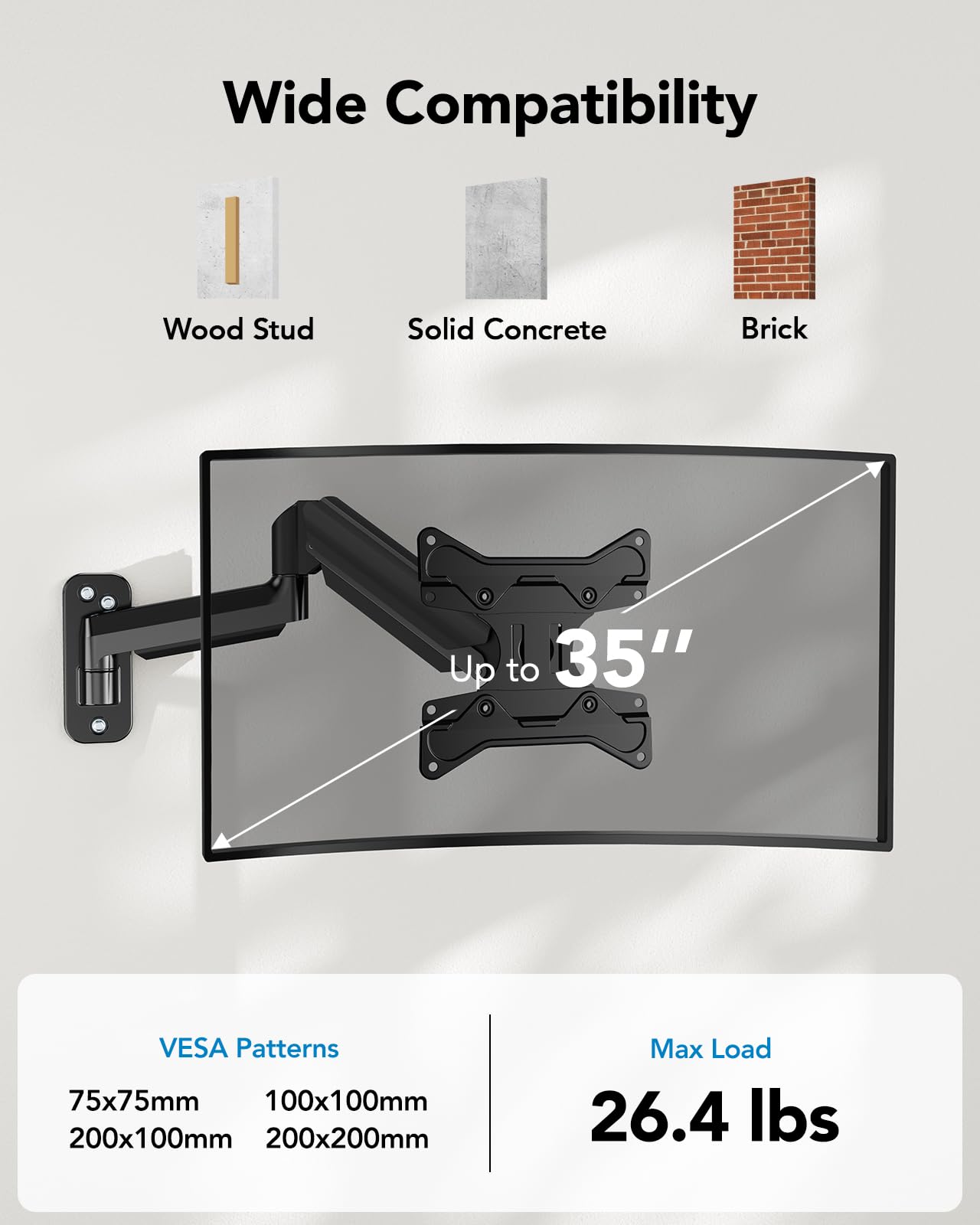 Computer Monitor Wall Mount for 22 to 35 inch Flat Curved Screens, Single Wall Mount Monitor Arm Holds up to 26.4lbs, Height Adjustable Full Motion Gas Spring Vesa Wall Mount, Max 200x200mm