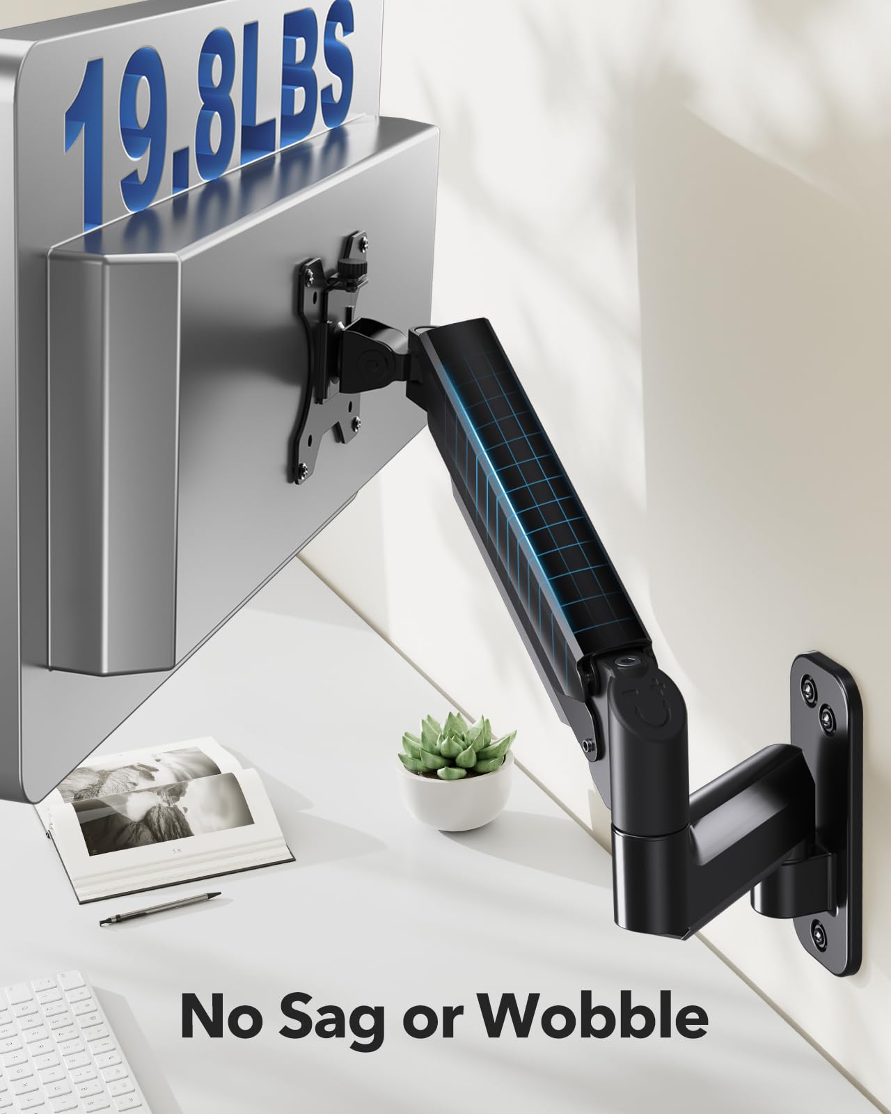Adjustable monitor arm showing support capacity of 19.8 lbs with no sag.