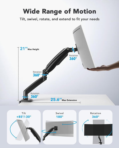 HUANUO monitor mount showcasing wide range of motion with adjustable arm.