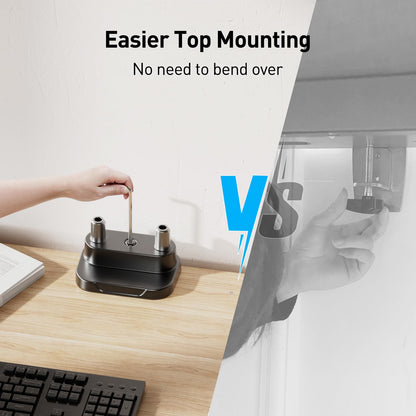 Comparison of top versus under-desk mounting for dual monitor stand installation.