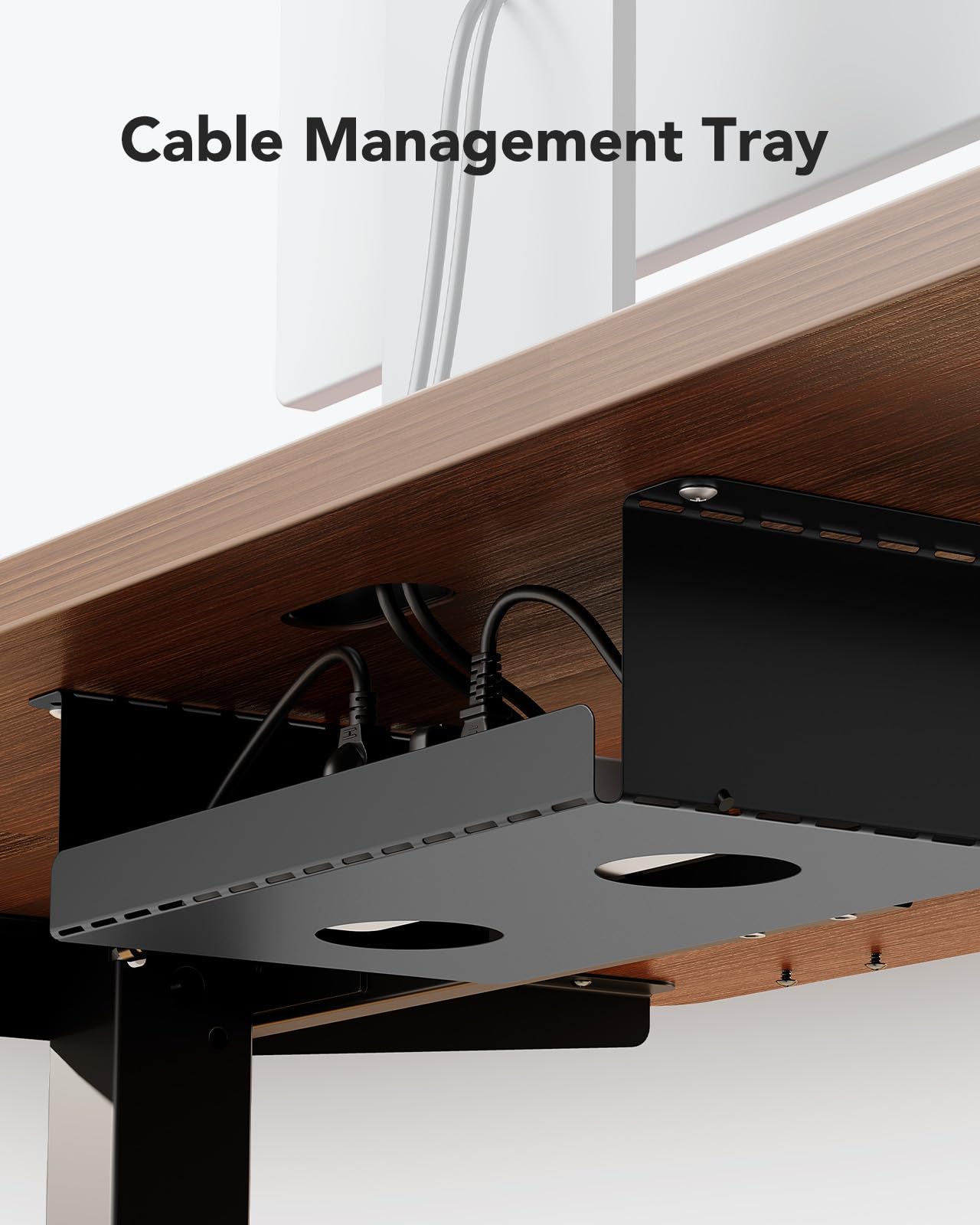 Cable management tray for HUANUO standing desk, organizing wires under the desktop