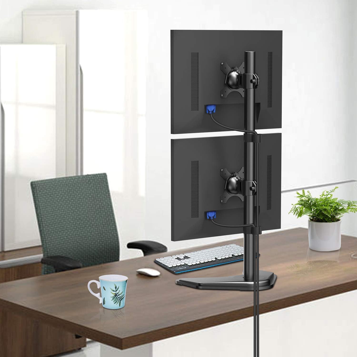 HUANUO dual monitor mount for 13” to 32” screens in a stylish office workspace
