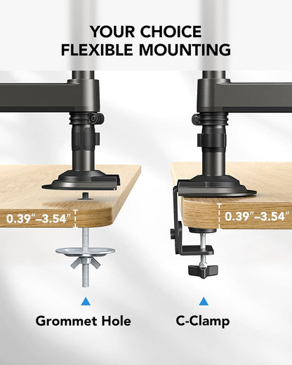 Flexible mounting options for dual monitor arms: grommet hole and C-clamp.