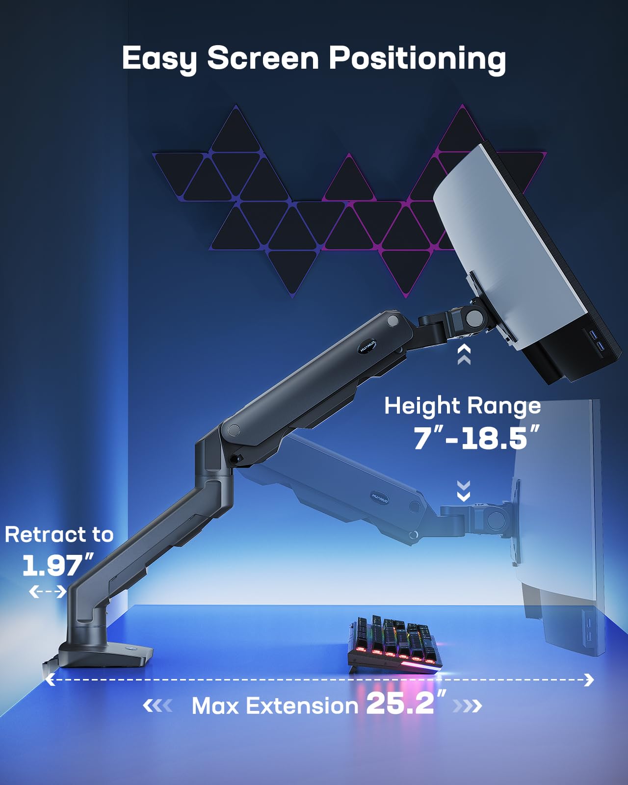 Adjustable HUANUO monitor arm showing height range and maximum extension.