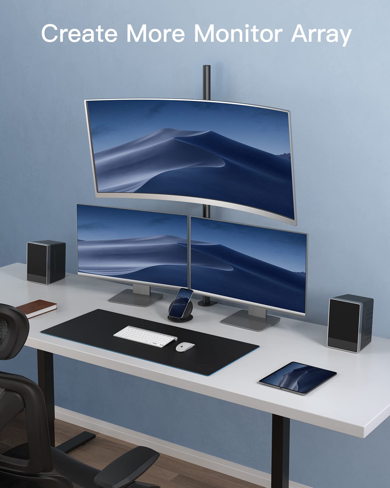 Dual monitor setup with adjustable mounts on a modern workspace desk