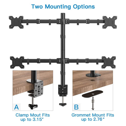 Dual mounting options for quad monitor stand: C Clamp and grommet mounts